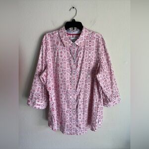 Foxcroft NYC 3/4 Sleeve Shirt Women 20W White, Pink